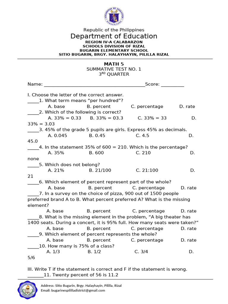 MATH 5 Q3 WEEKLY TEST NO. 1 | PDF | Percentage | Odds