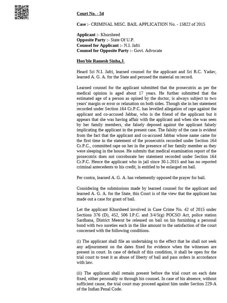 Bail Granted in Rape Case - Khursheed | PDF | Bail | Judiciaries