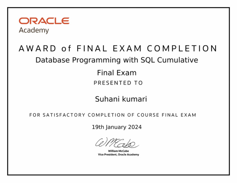 Certificate of Oracle | PDF