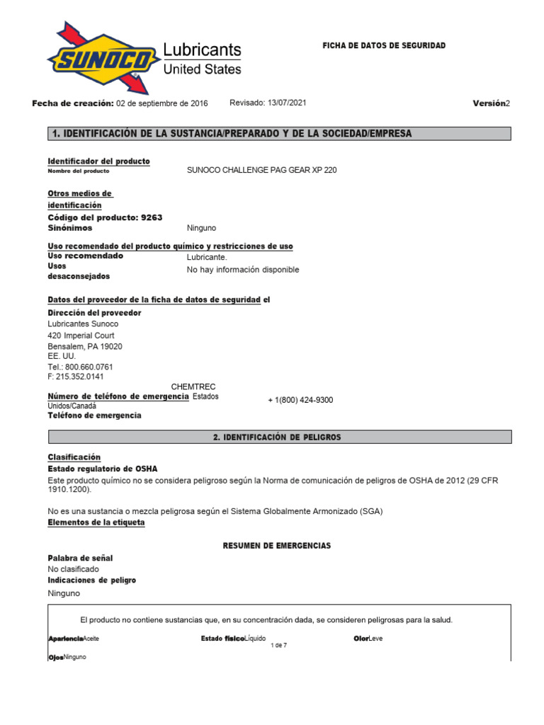 9263 - Sunoco Challenge Pag Gear XP 220 SDS Es | PDF | Agua | Química