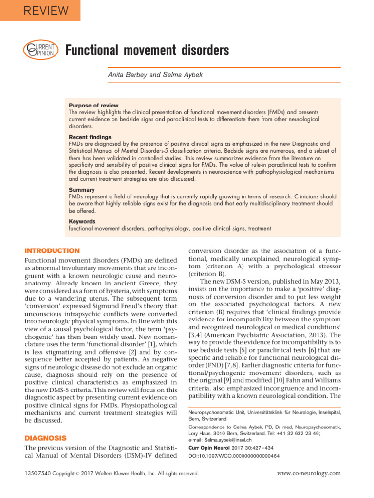 2017 Functional Movement Disorders | PDF | Mental Disorder | Dystonia
