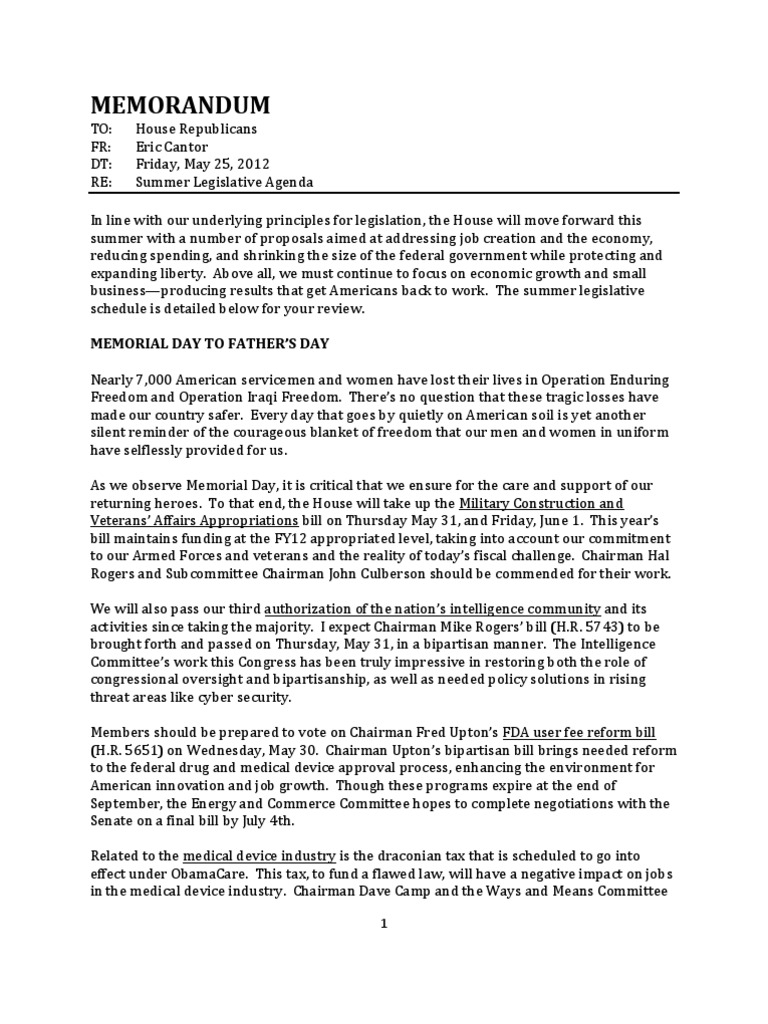 Cantor Memo Re Summer Legislative Schedule | PDF | United States ...