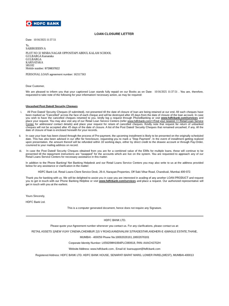 Digital Token Closure Letter - 251016114508220 | PDF | Cheque | Money