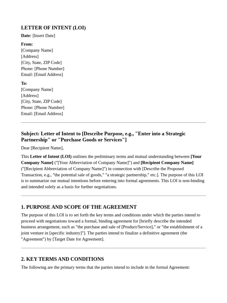 Letter of Intent Template for Business Agreements | PDF | Business Law ...