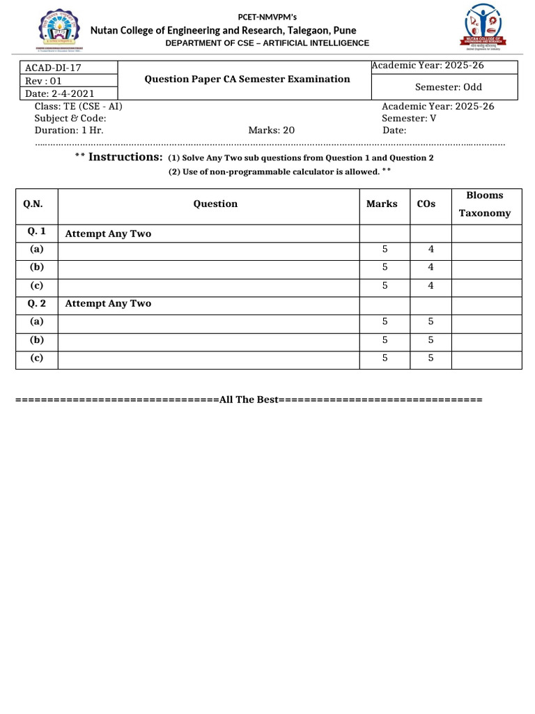 CA Exam Question Paper TE CSE AI | PDF