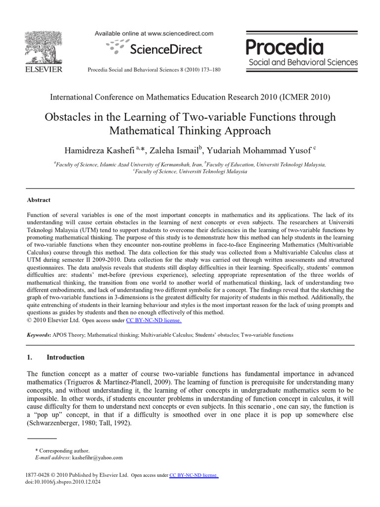 Obstacles in The Learning of Two-Variable Functions Through ...