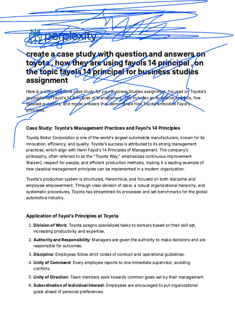 Toyota's Management: Fayol's Principles Case Study | PDF | Business ...
