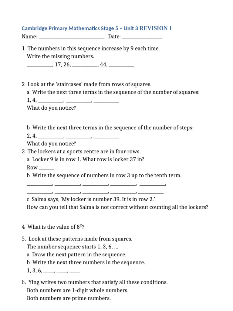 Cambridge Primary Math Stage 5 Revision | PDF | Numbers | Sequence