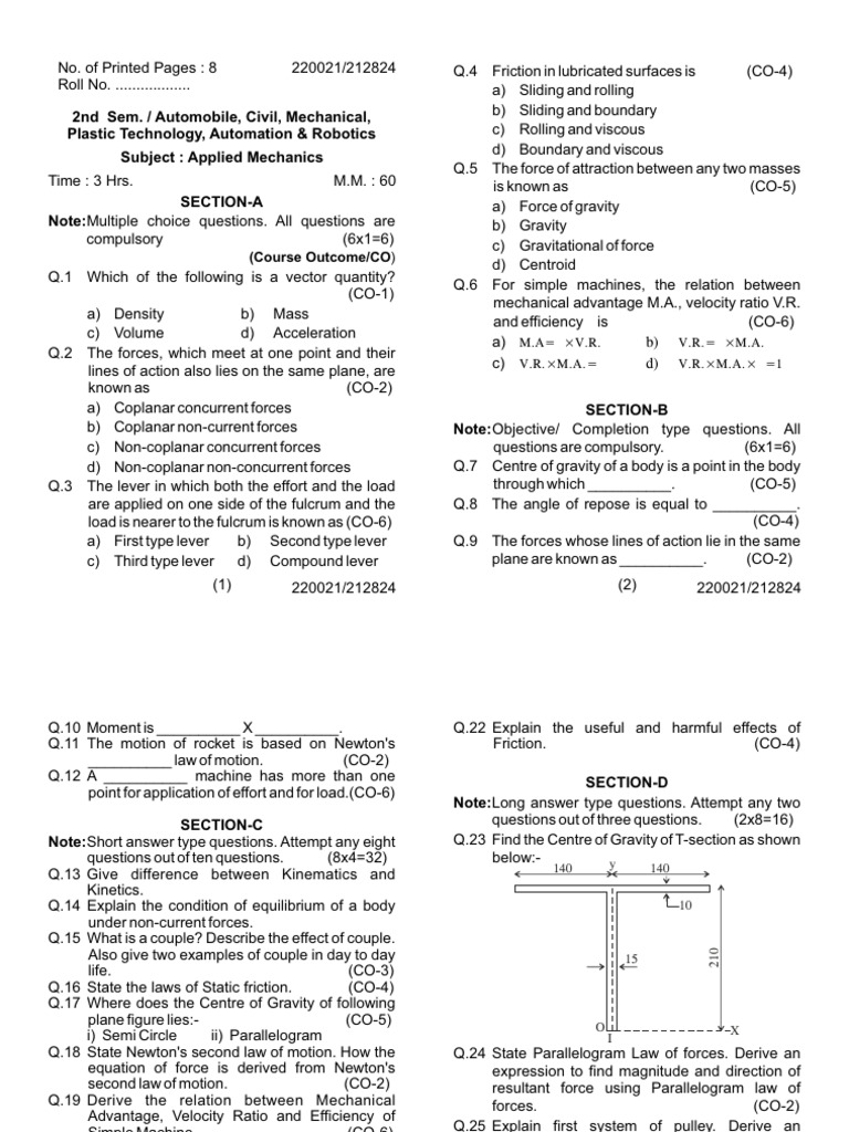 Applied Mechanics MCQ and Short Answers | PDF | Force | Lever
