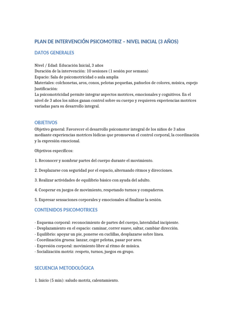 Intervención Psicomotriz para Niños de 3 Años | PDF | Aprendizaje