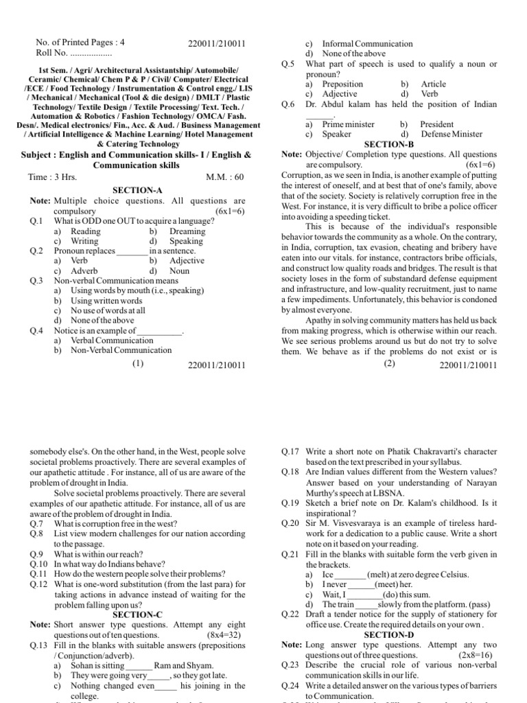 Language and Communication Skills Exam | PDF | English Language | Adjective