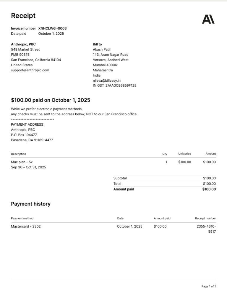 Receipt for Payment to Anthropic | PDF