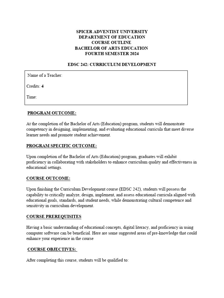 EDSC 242 Curriculum Development Syllabus | PDF | Curriculum ...
