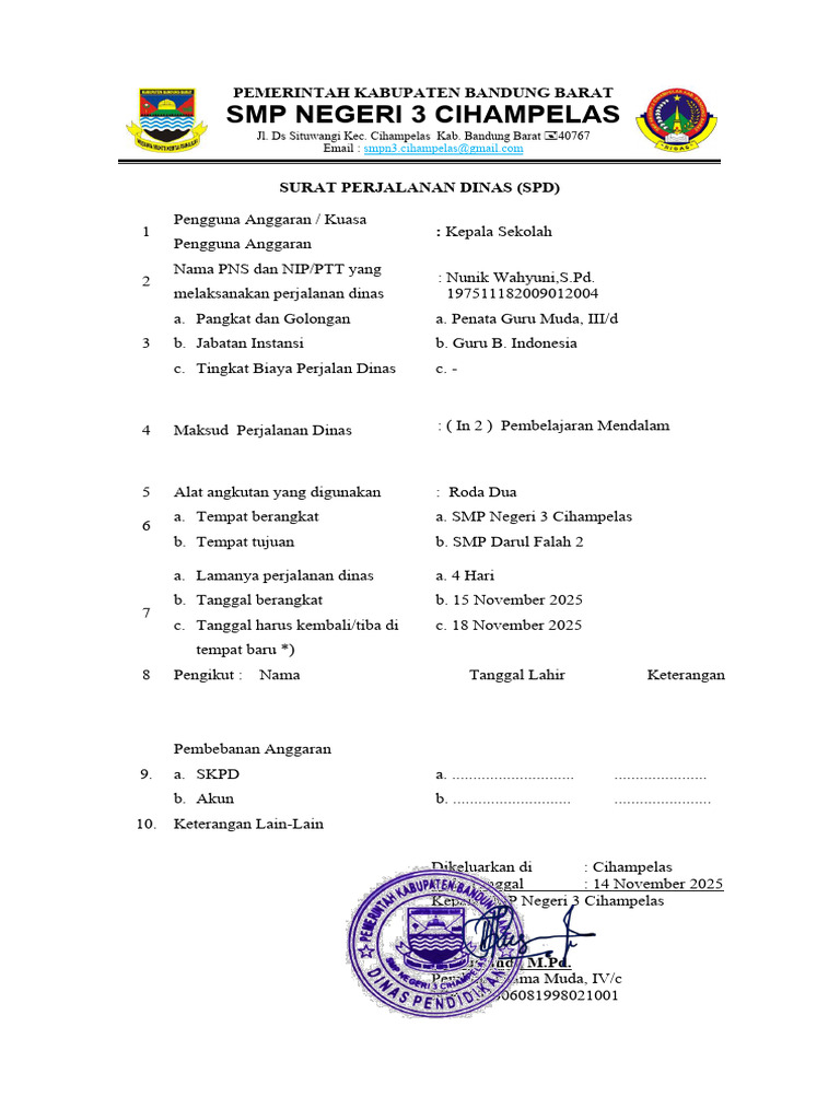 SPD Perjalanan Dinas SMP Cihampelas | PDF