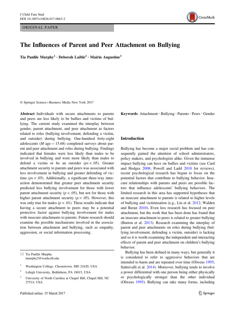 Parent and Peer Attachment's Role in Bullying | PDF | Bullying ...