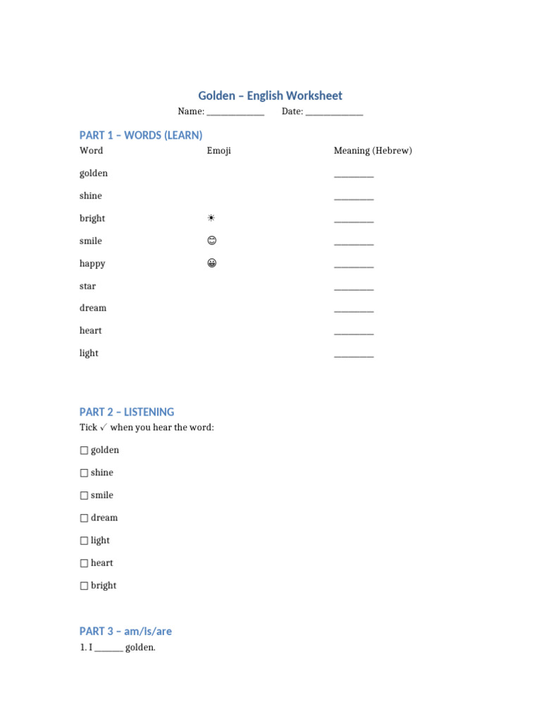 Golden English Worksheet for Kids | PDF | Noun | Adjective