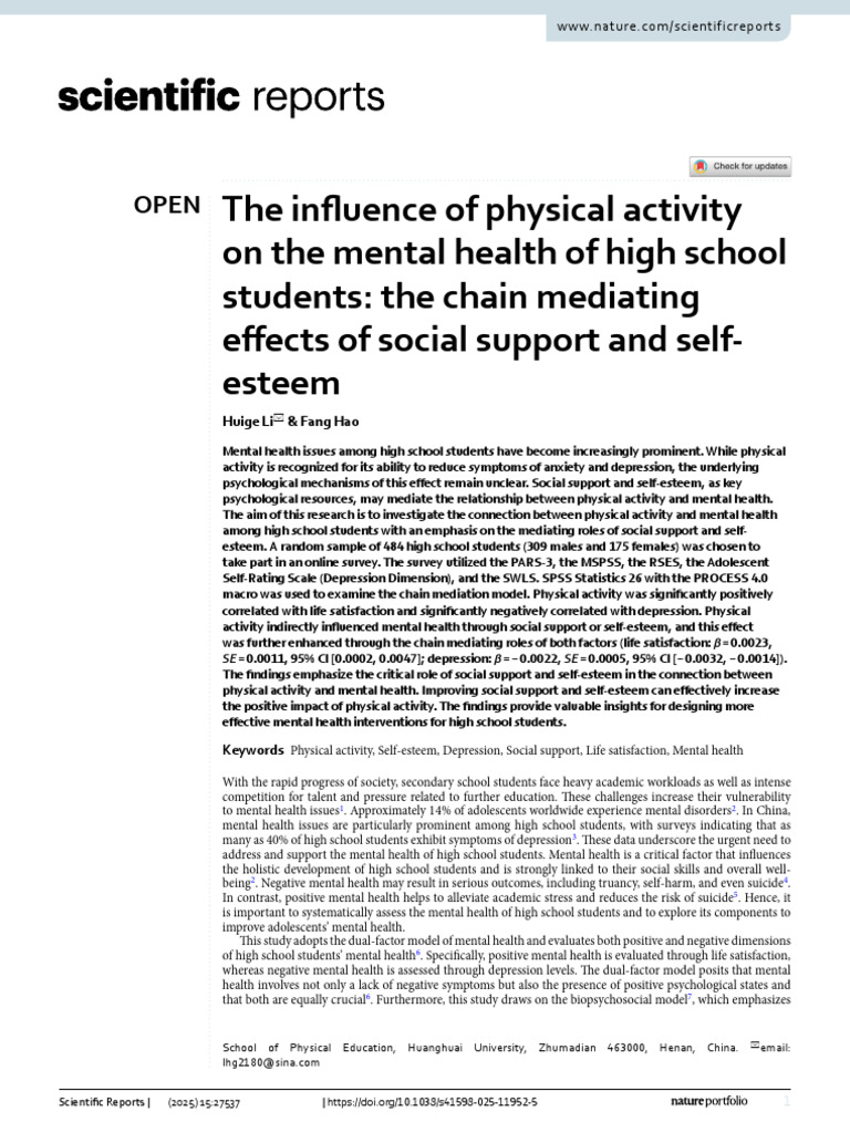 Physical Activity's Impact on Student Mental Health | PDF | Self Esteem ...