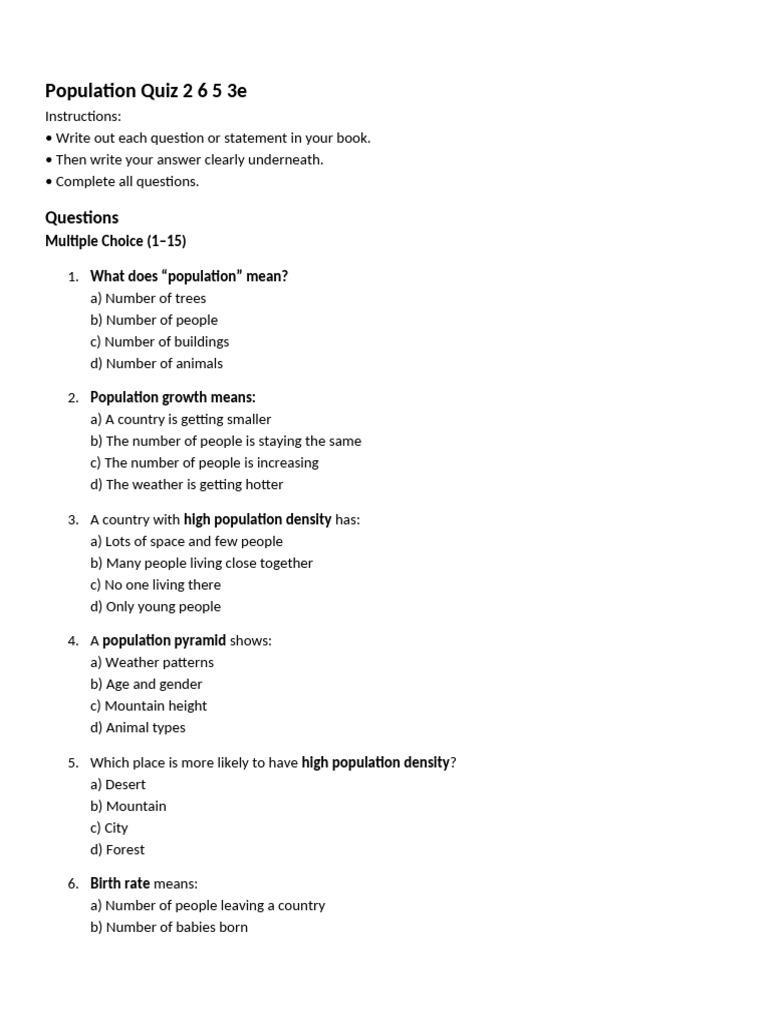 Population Quiz: Understanding Density & Growth | PDF | Population Growth