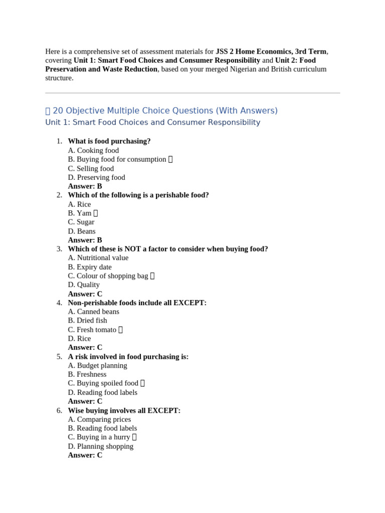 JSS 2 Home Economics Assessment Materials | PDF | Food Preservation | Foods