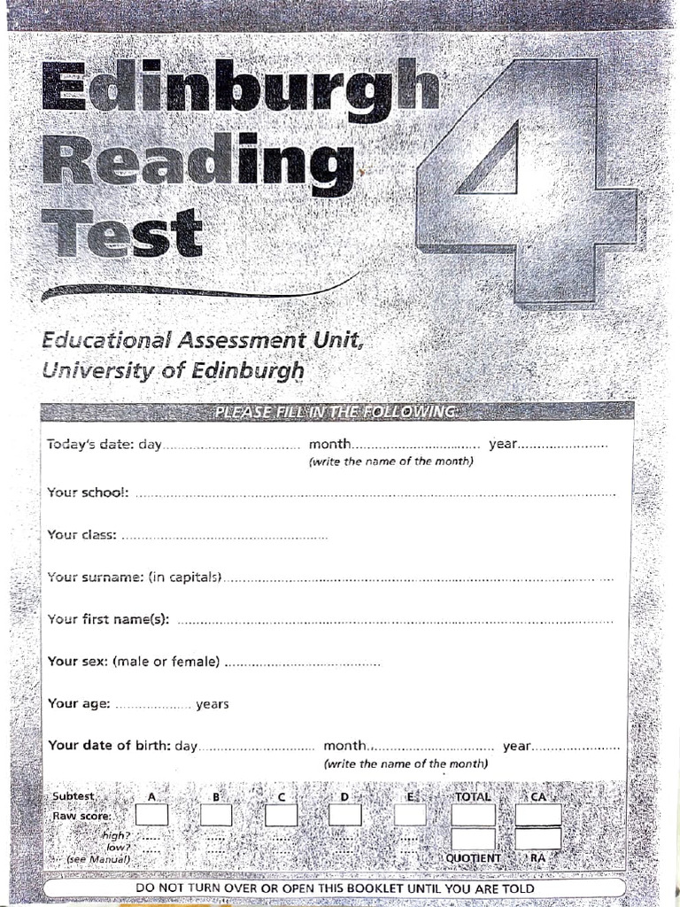 Edinburgh Reading Test Assessment Guide | PDF | Refrigerator