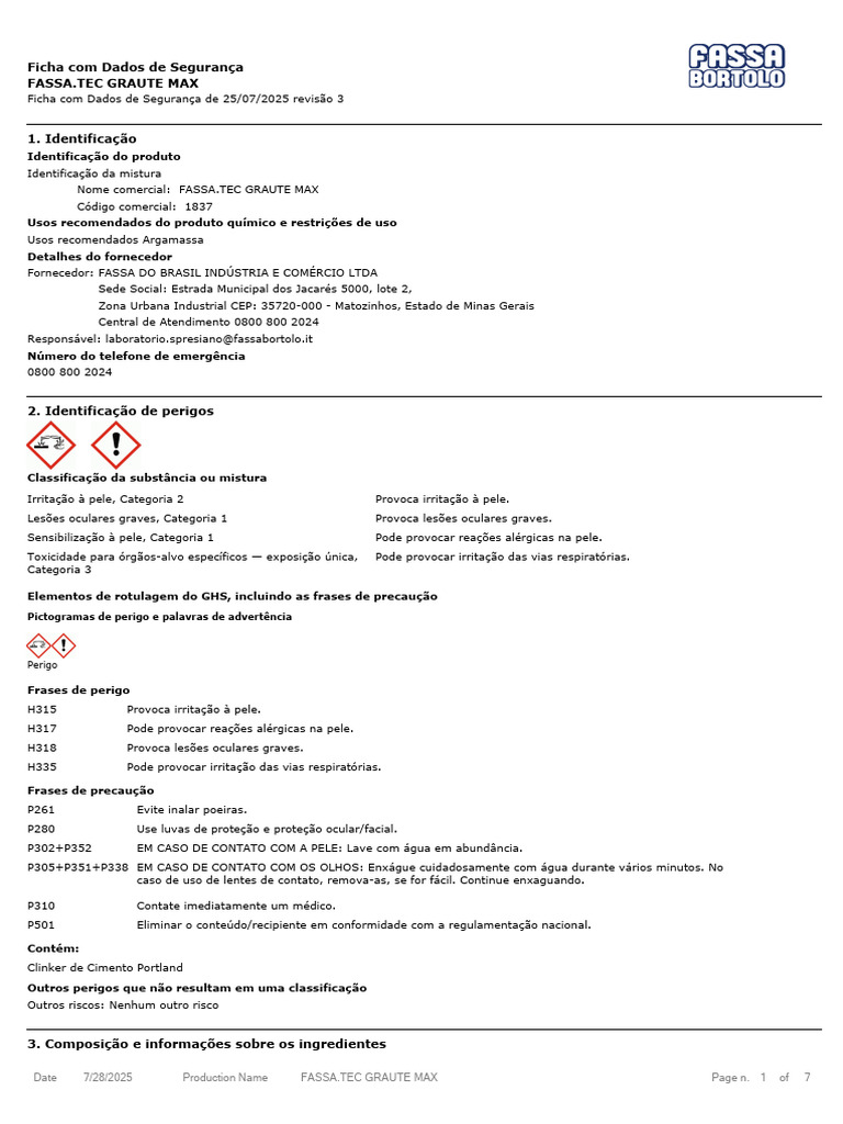 Ficha de Segurança FASSA.TEC GRAUTE MAX | PDF | Toxicidade