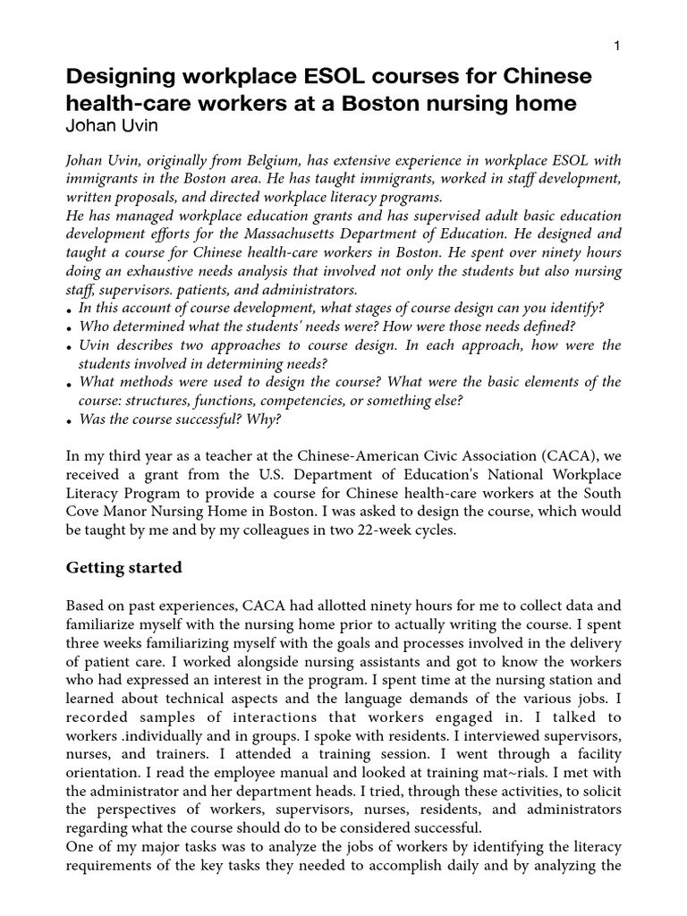 ESOL Course Design for Chinese Care Workers | PDF | Learning ...