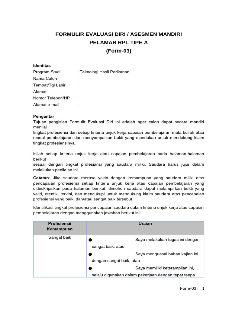Formulir Evaluasi Diri RPL TIPE A | PDF