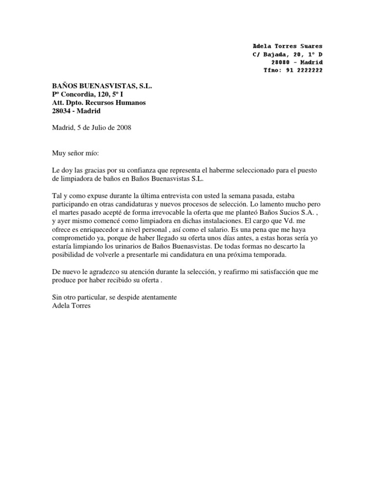 Carta de Renuncia Sin Preaviso