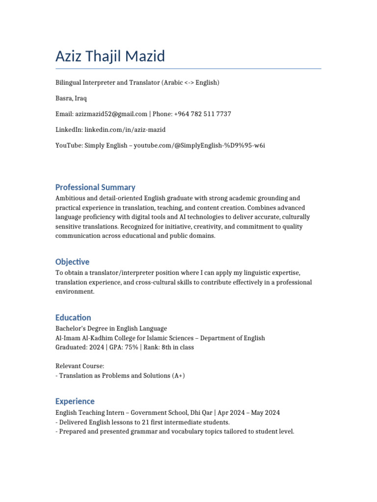 The Aziz Resume Final | PDF | Translations | Language Interpretation