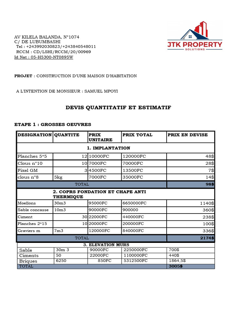 Devis pour construction maison Samuel M. | PDF | Matériaux de ...