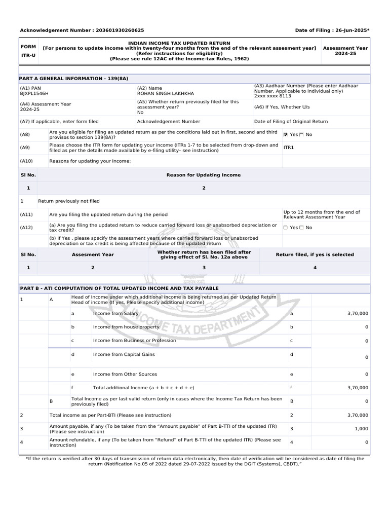 Updated Income Tax Return ITR-U 2024-25 | PDF | Tax Refund | Taxes