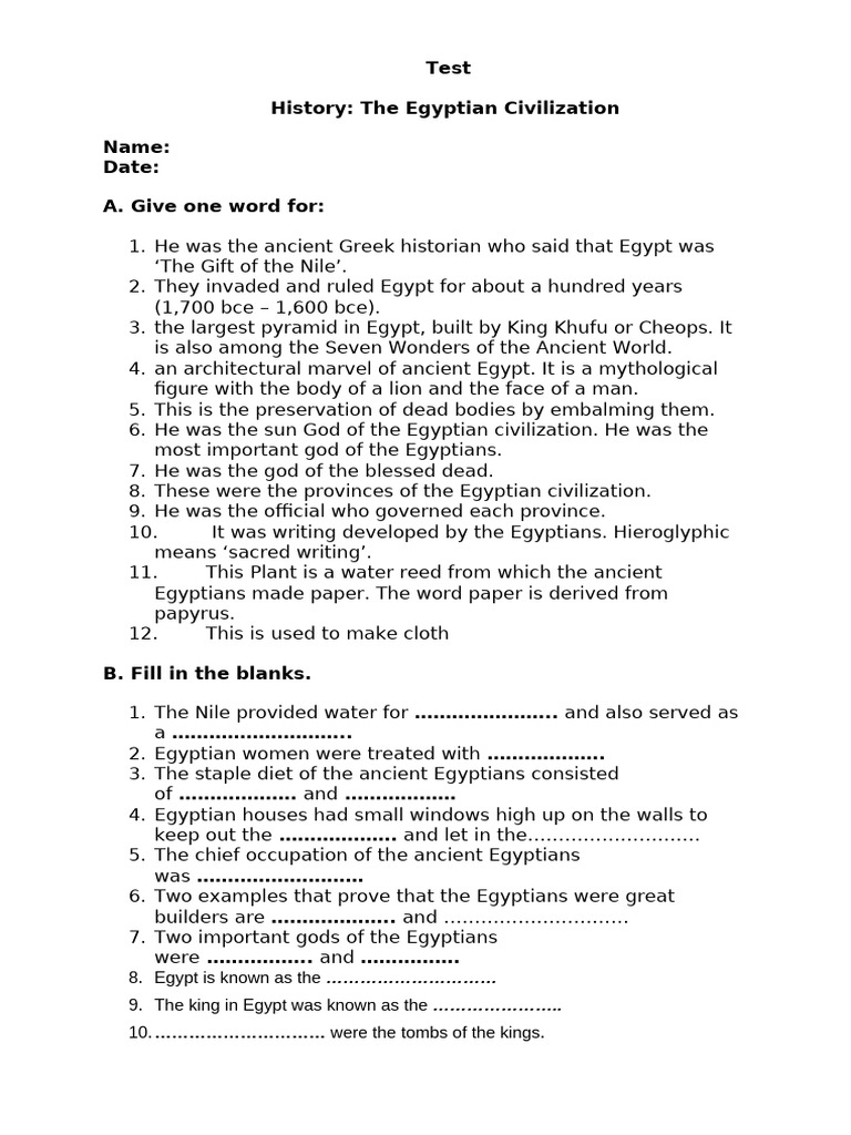 The Egyptian Civilization Test | PDF | Ancient Egypt | Egyptian Pyramids