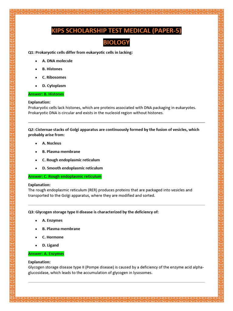 Kips Scholarship Test Medical | PDF | Endoplasmic Reticulum | Cell Membrane