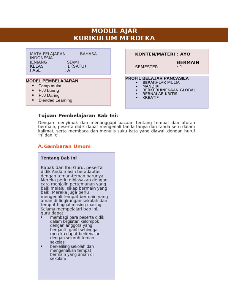 Modul Ajar Bahasa Indonesia SD Kelas 1 | PDF