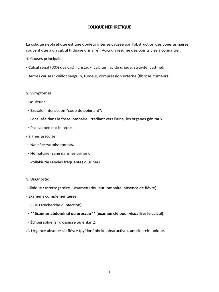 Colique néphrétique : symptômes et traitement | PDF