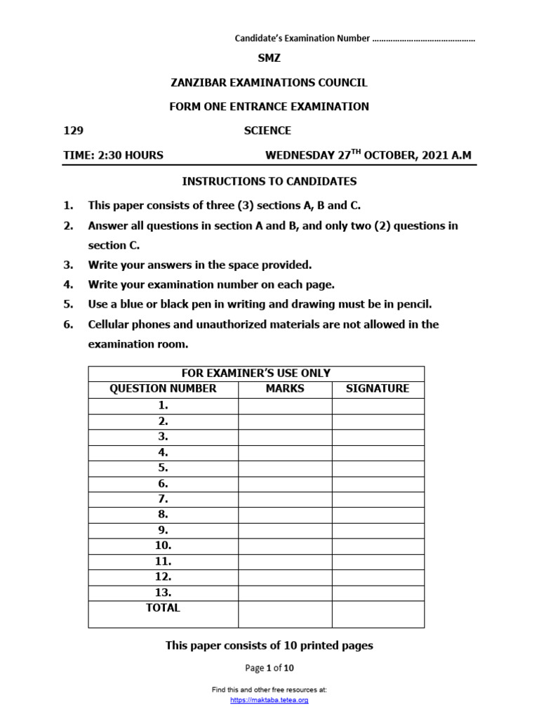 Zanzibar Form One Science Exam 2021 | PDF | Series And Parallel Circuits