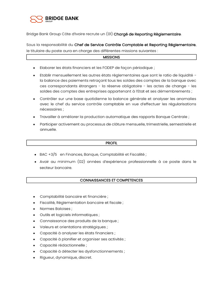 Bridge Bank CI - Chargé de Reporting Règlementaire. | PDF | Recrutement ...