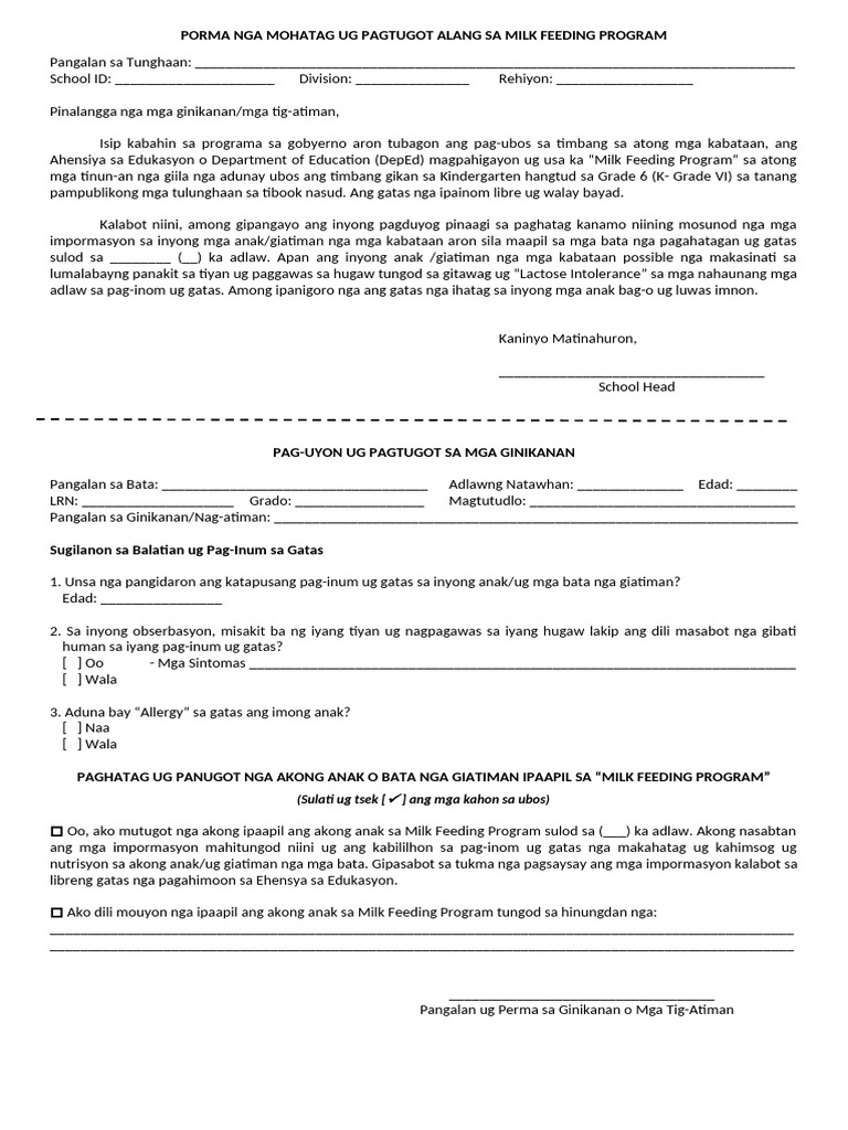 Parental Consent SBFP Milk Feeding Component | PDF