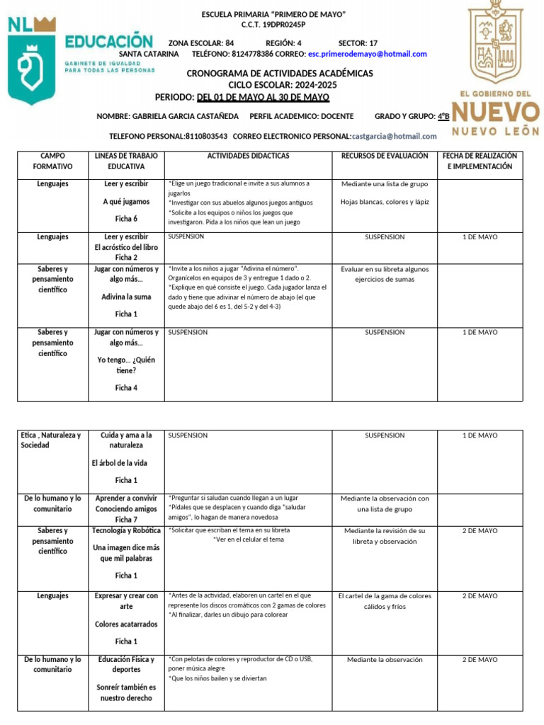 Cronograma de Actividades Mes de Mayo | PDF | Educación primaria | Escuelas