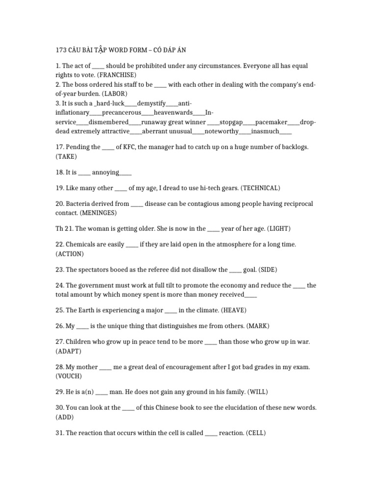 173 Wordform Without Answers Cleaned | PDF