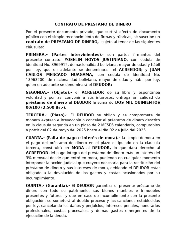 Contrato de Prestamo de Dinero | PDF | Pagos