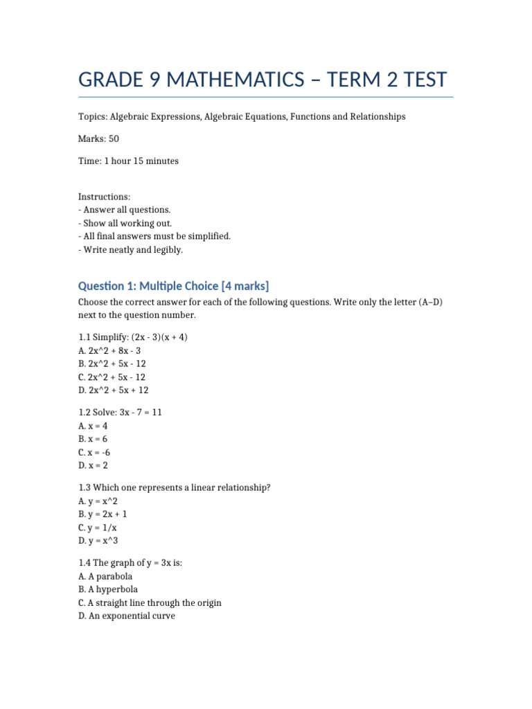 Grade 9 Math Test: Algebra & Functions | PDF