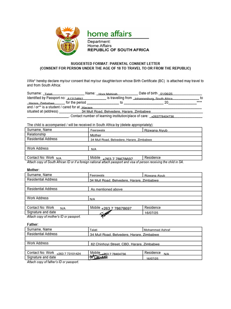 Parental Consent Letter for Child Travel | PDF | Passport | Parent