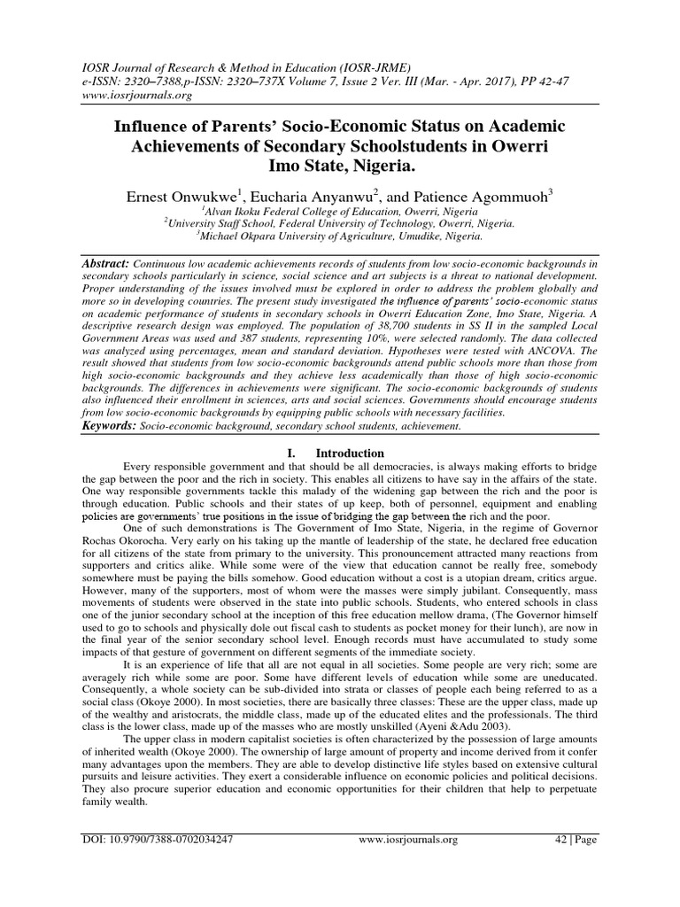 Influence of Parents Socio Economic Stat | PDF | Socioeconomic Status ...