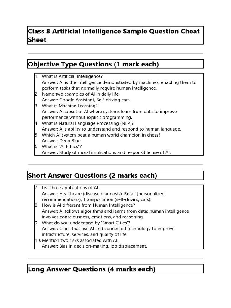Class 8 AI Sample Questions Guide | PDF