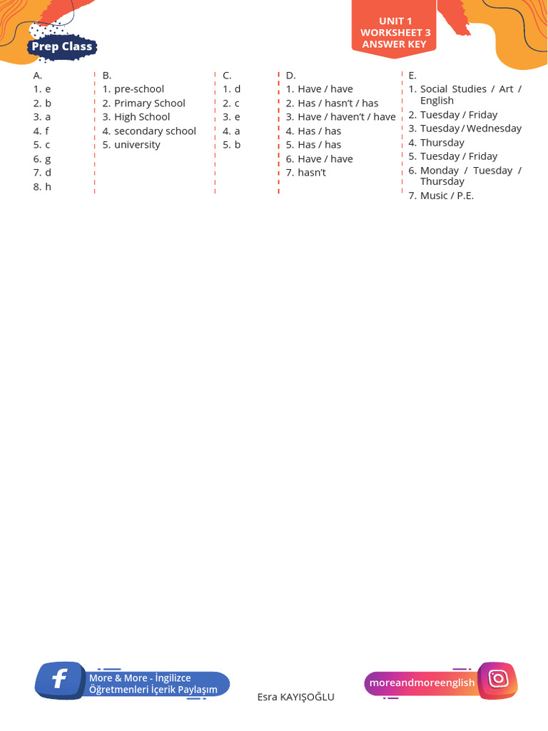 Prep Class - Unit 1 - Worksheet 3 - Answer Key | PDF