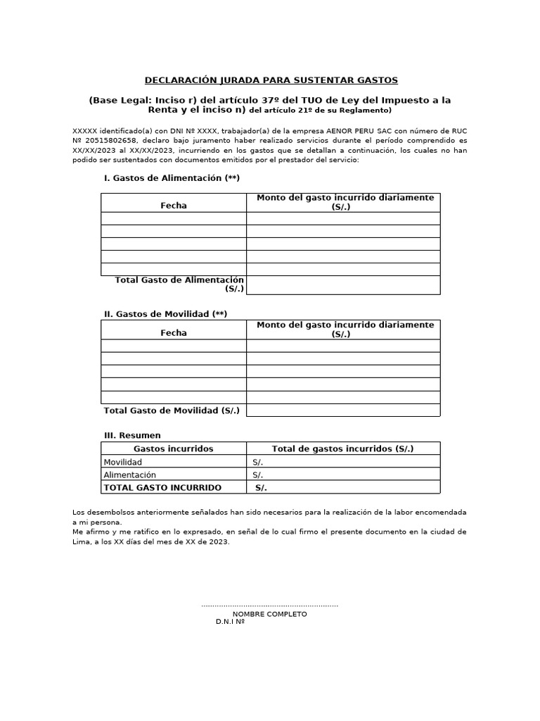 Declaración Jurada de Gastos 2023 | PDF