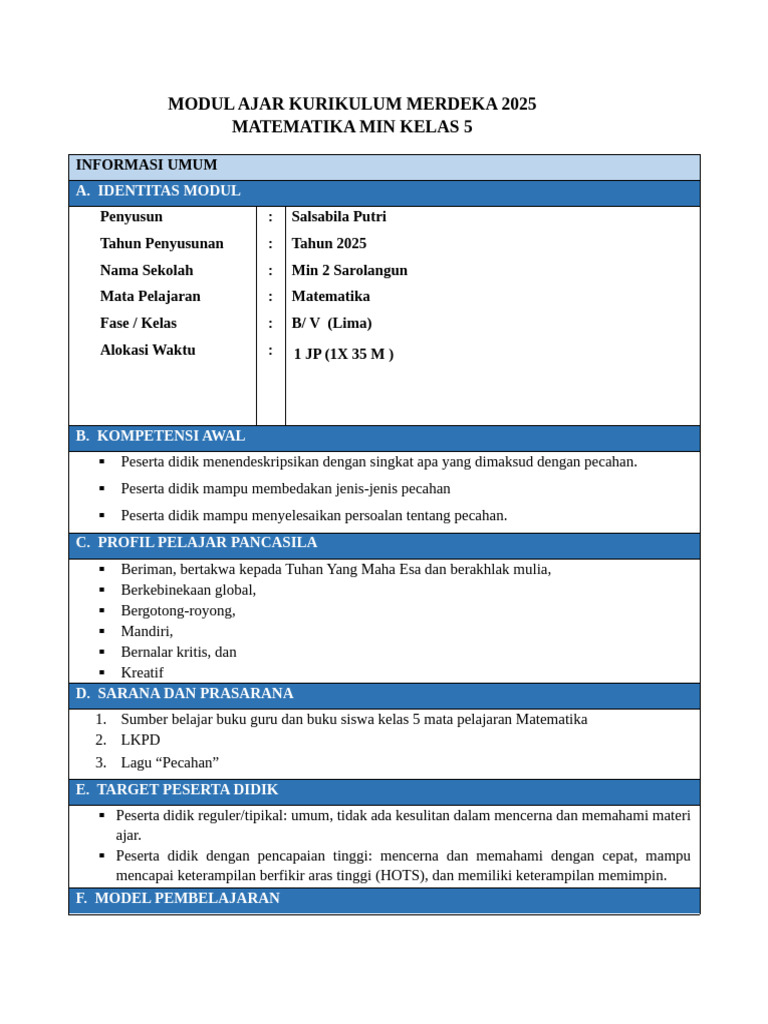 Modul Ajar Matematika Kelas 5 2025 | PDF