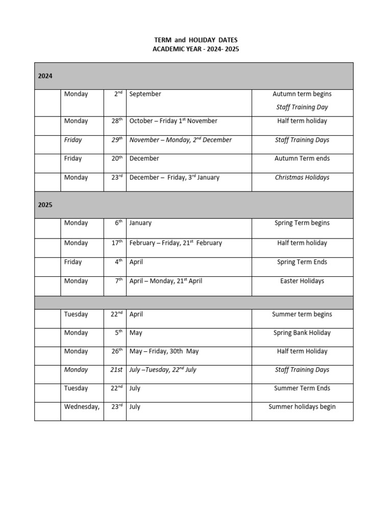 2024-2025 Academic Year Calendar | PDF