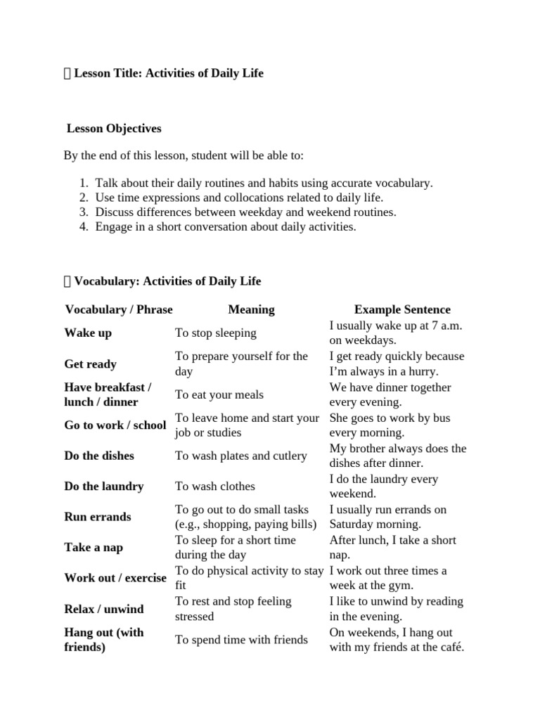 Daily Life Activities Vocabulary Guide | PDF | Workweek And Weekend | Lunch